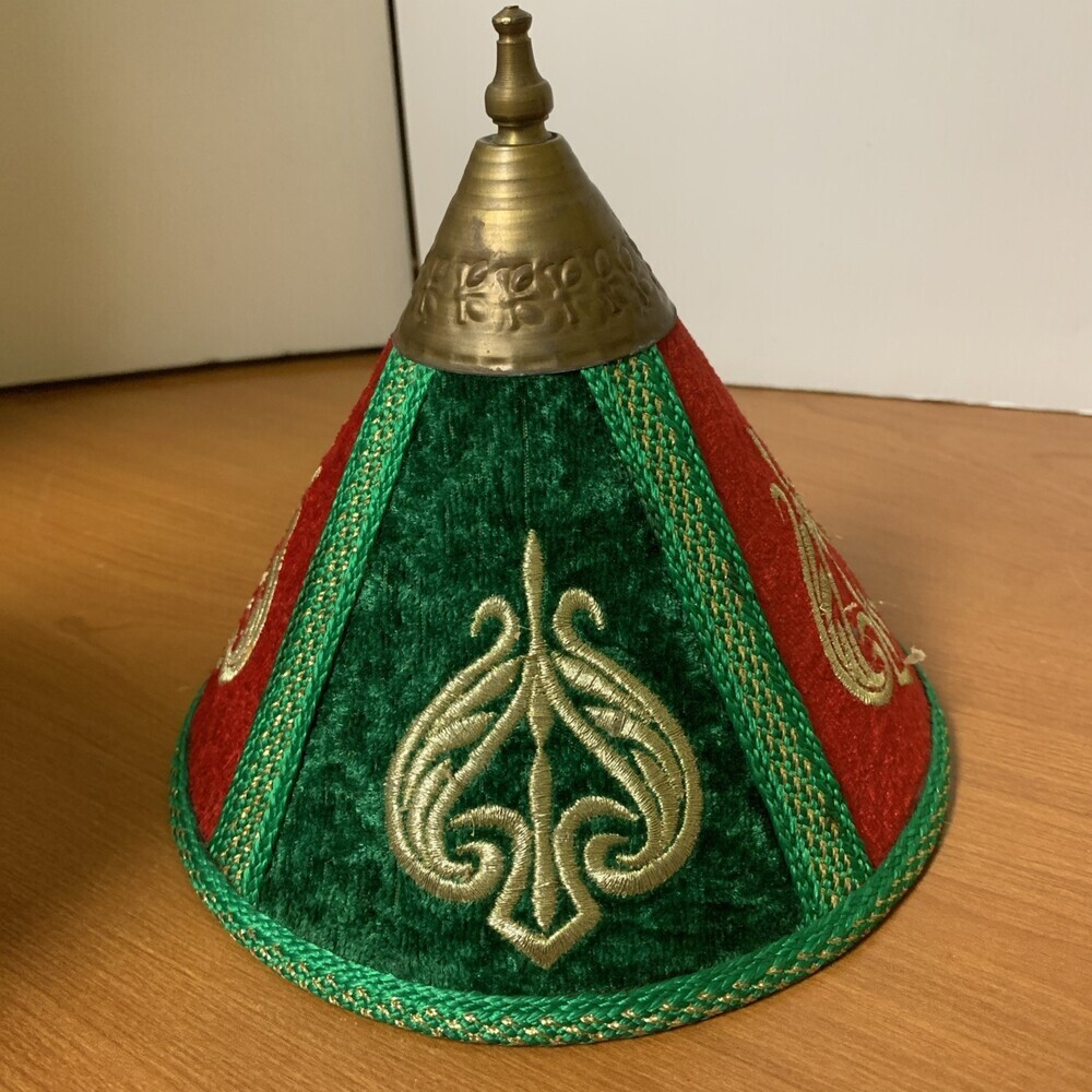 Moroccan Style Tagine Lid Red/Green/Gold Vintage Rich Embroidered Velvet 7”x7”